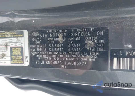 2016 Kia Sedona Lx z USA, uszkodzony, nr VIN KNDMB5C11G6085273